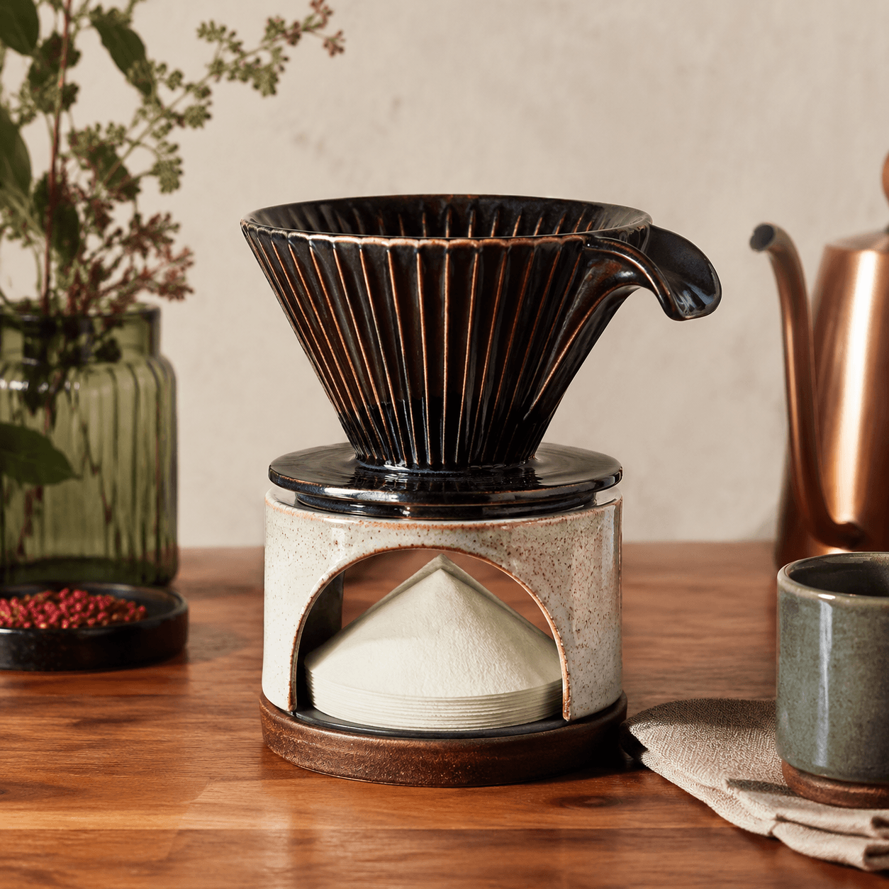 Pour-Over Dripper Set — A ribbed ceramic dripper and matching filter-paper stand for a controlled, even pour.