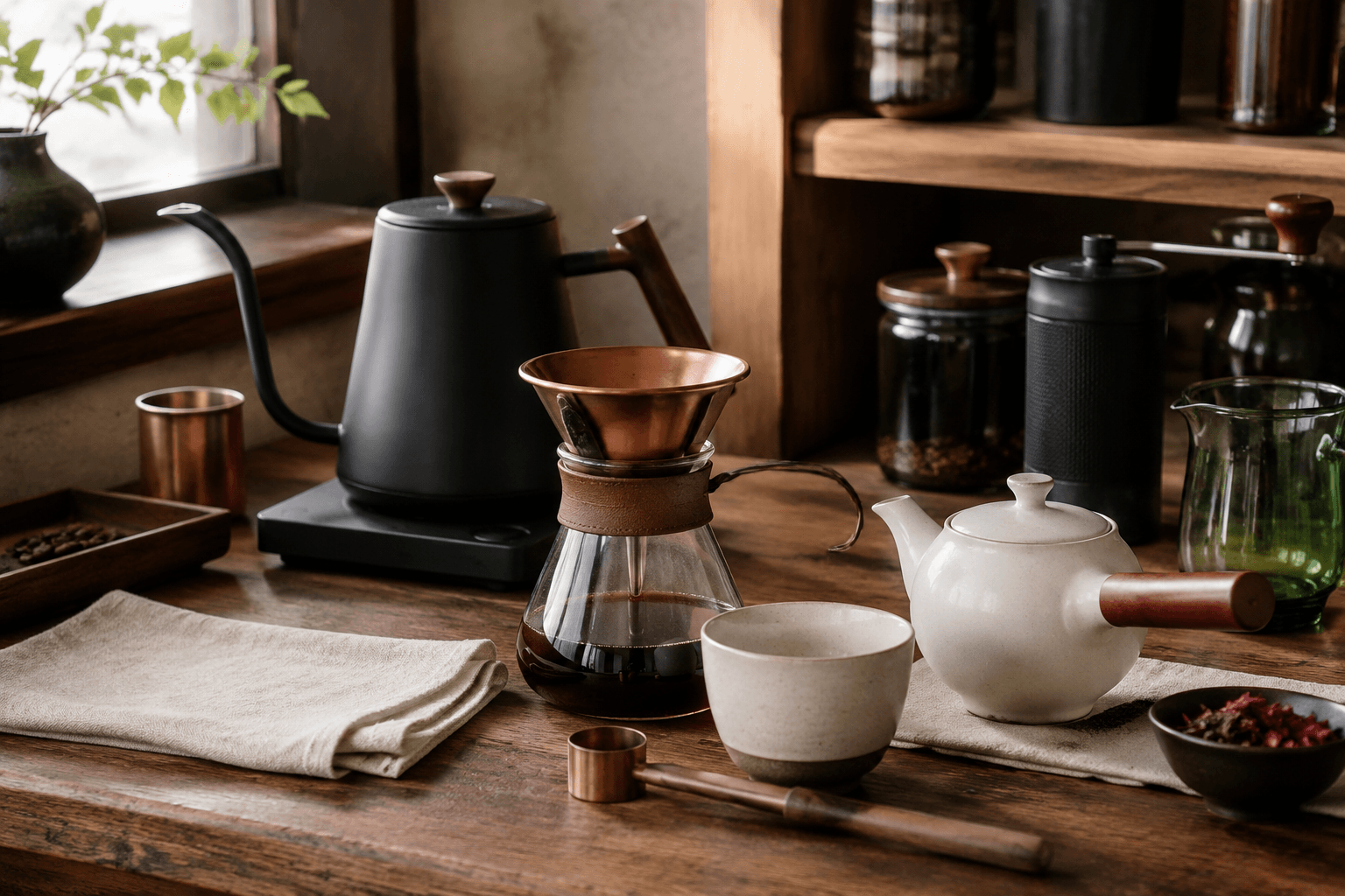 Coffee and tea counter tools laid out on a wooden bench